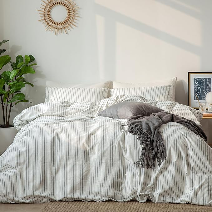 MooMee Striped Duvet Cover Set 100% Washed Cotton Linen Like Textured Breathable Durable Soft Comfy (White Dark Grey Wide Stripes, King 104"x90")