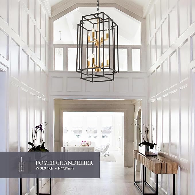 8-Light Lantern Tiered Pendant Light Fixtures, Black Metal Farmhouse Chandelier Hall Foyer Hanging Chandelier for Kitchen Island Dining Room Living Room Foyer Entryway, Black+Gold