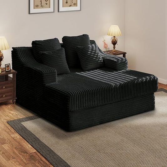 Chaise Lounge Sofa Chair Indoor Cozy Sofa Bed Oversized with Four Pillow Fluffy Upholstered Sleeper Sofa Chair for Living Room Bedroom Office Liesure No Assembly Required（Black）