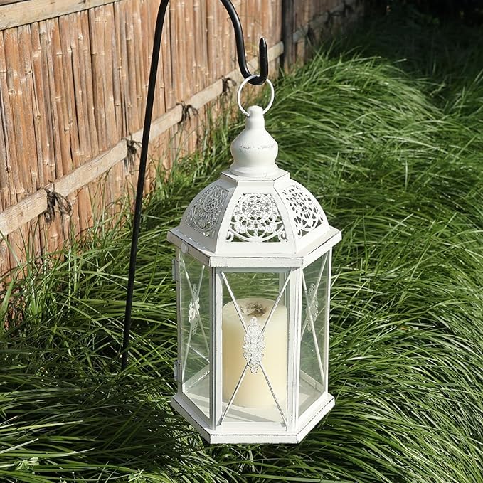 DECORKEY Lantern Decorative Indoor & Outdoor, 14.5'' Candle Lantern Farmhouse Home Decor, Hexagon Vintage Hanging Metal Candle Holder for Front Porch Shelf Patio Wedding Party, Christmas Decorations