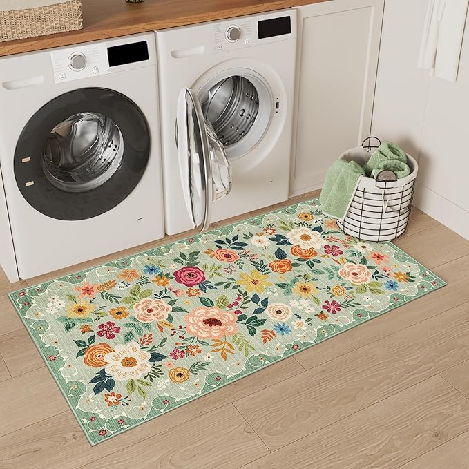 DUKINO 2x4 Rug for Entryway, Washable Kitchen Floral Runner Rug with Non Slip Backing, Low Pile Soft Boho Carpet for Kitchen, Hallway, Entryway, Laundry, Bedroom, Green