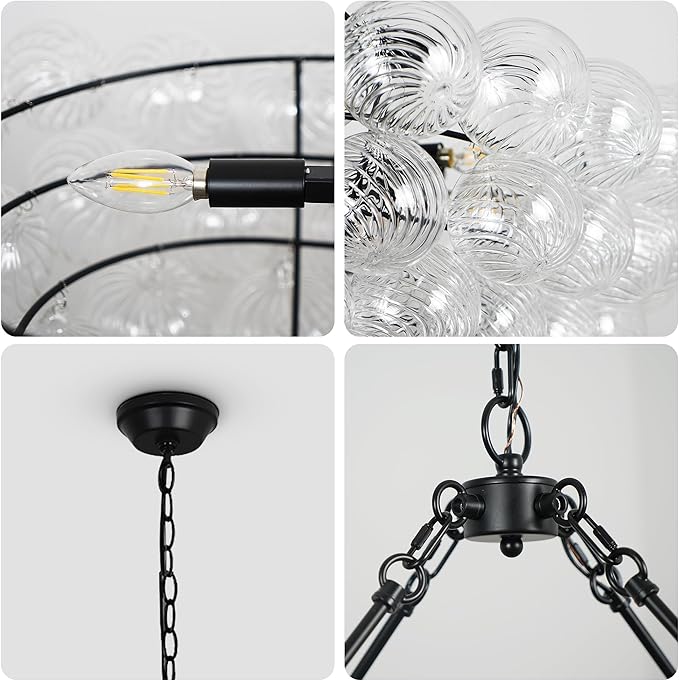 Modern Glass Chandelier Luxury Bubble Chandelier Black Clear Blown Glass Large Pendant Light for Dining Room, Living Room, Foyer, Staircase Dia 55"