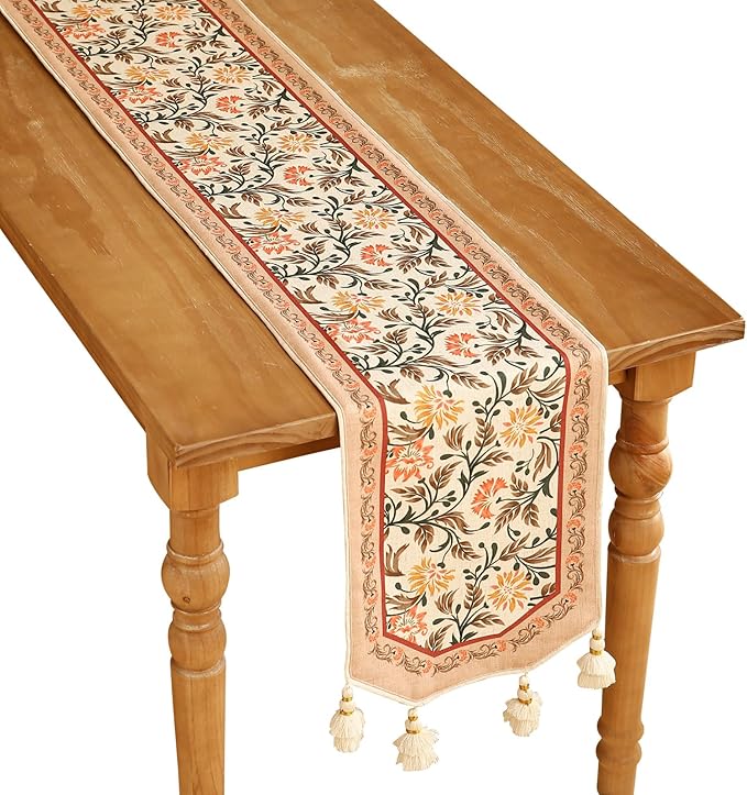 Designer French Elegant Linen Table Runner 102 Inches Long,Farmhouse Lily Pattern Decor Table Runners for Dining Tables,Thanksgiving,Kitchen Tables,Christmas,12"*102"-Aurora A