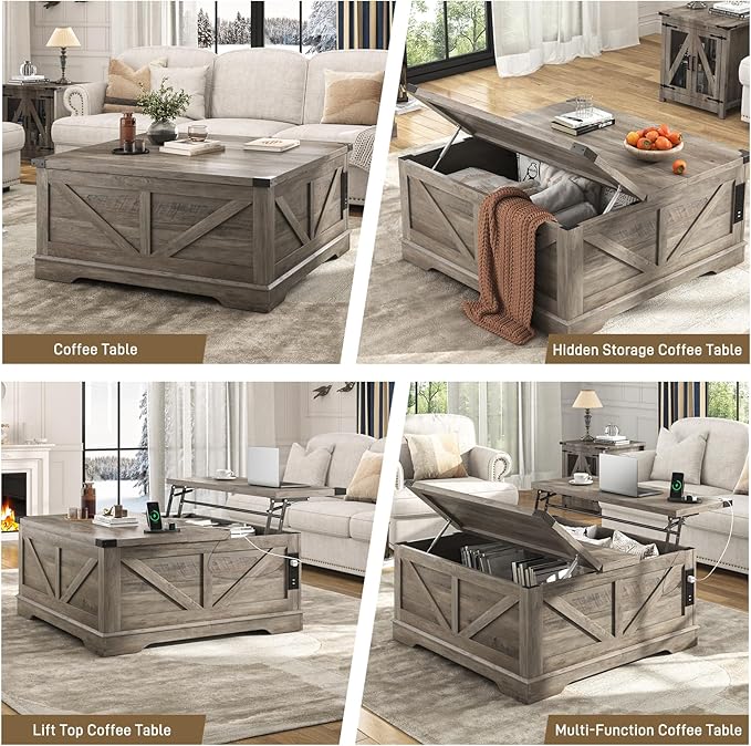 40” Large Farmhouse Lift Top Coffee Table with Power Outlets and Large Hidden Storage, Square Wood Living Room Tables, Multi-Function Lift Wooden Barn Door Center Table, Grey