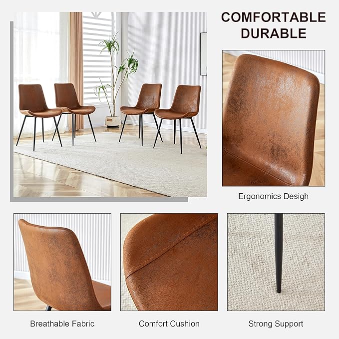 Wooden Dining Table Set for 4, 63" Rectangular Kitchen Table with Upholstered Chairs, Modern Dining Room Furniture with Faux Leather Seating and Sturdy Metal Legs, Brown Farmhouse Table Set