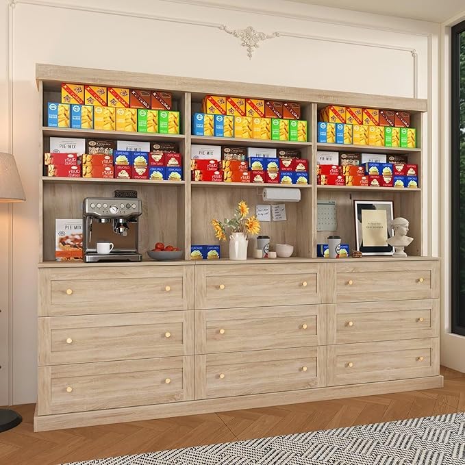 71" Farmhouse Kitchen Pantry Cabinet Set of 3 with Drawers, Brown Freestanding Coffee Bar Hutch with Microwave Stand, Large Storage Cabinet with Adjustable Shelves for Kitchen, Living Room