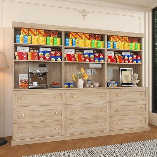 71" Farmhouse Kitchen Pantry Cabinet Set of 3 with Drawers, Brown Freestanding Coffee Bar Hutch with Microwave Stand, Large Storage Cabinet with Adjustable Shelves for Kitchen, Living Room