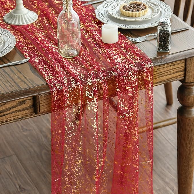 Artoid Mode 3PCS Red Gold Gauze Table Runner 120 Inch 10FT, Glitter Metallic Foil Sheer Dining Wedding Anniversary Holiday Table Decor for Home Party