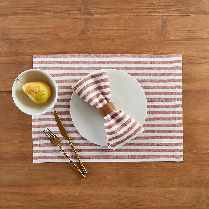 Solino Home Linen Cloth Placemats Set of 4 - Amalfi Stripe 100% Pure Linen Cinnamon and White Farmhouse Placemats 14 x 19 Inch for Fall, Autumn, Halloween, Thanksgiving