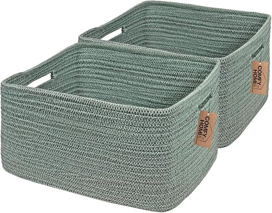 COMFY-HOMI 2 pcs Large Storage Baskets for Shelves, Laundry Basket, Woven Rope Basket, Closet Organizer Bins for Clothes Blanket Towels, Baby Nursery, Gift Toy Baskets, 17” x 13” x 7.5”-green