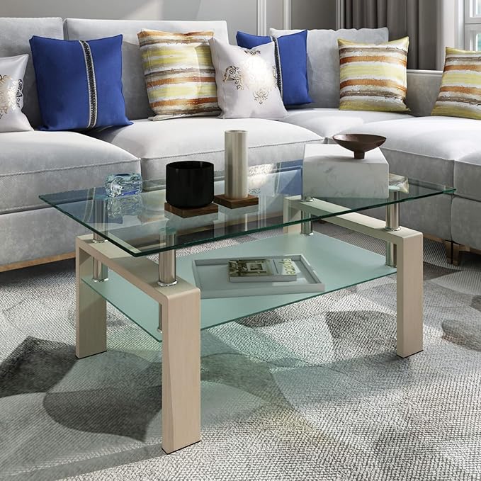 Tempered Glass Coffee Table, Modern 2 Tiers Clear Coffee Table, Size 39.37in x 23.62in