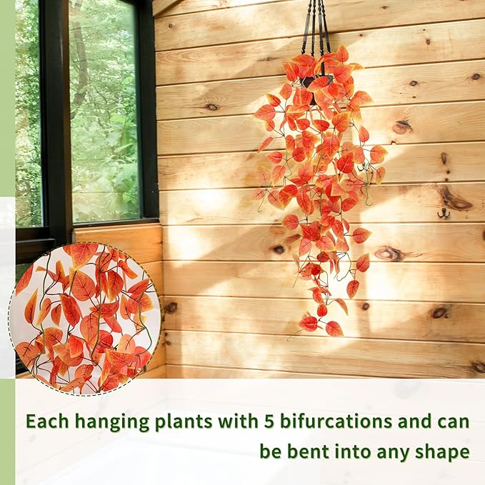 3 Pack Artificial Fall Plants Hanging Orange Vines Potted Fall Foliage Fake Pothos Trailing Plant Autumn Decoration for Indoor Outdoor Thanksgiving Bathroom Wall Kitchen Room Shelf Decor (Black Pot)