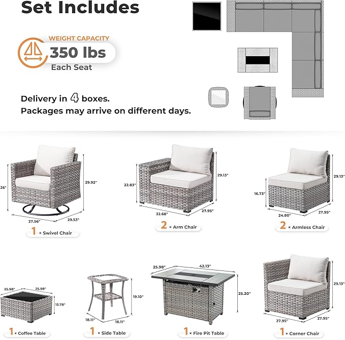 ovios 9 Pieces Patio Furniture Set, Outdoor Wicker Sectional Sofa with 42" Fire Pit Table Swivel Chair, Modern Modular Deep Seat Rattan Couch Conversation Sets, Beige