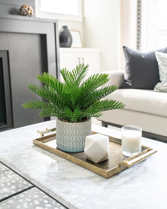 DILATATA Faux Plant Indoor in Ceramic Pot 13" Artificial Potted Sago Palm Fake House Plants for Desk Office Bathroom Garden Decoration