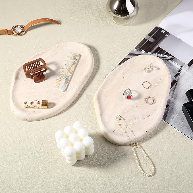 BCS Marble Jewelry Tray Trinket Dish, Decorative Cloud Vanity Key Tray for Women, Perfume Ring Holder Dish for Ring Earring, Cute Jewelry Plate Bowl Aesthetic Room Decor（Beige Travertine）