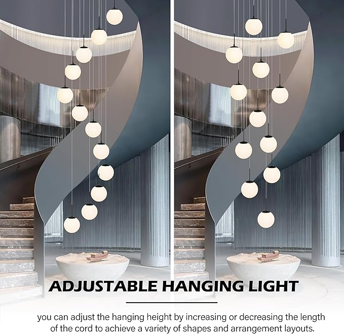 KoKo&Yukina 12-Light Black Mid Century Modern Chandelier for Living Room Staircase Chandelier for Entryway Globe Milky White Glass Pendant Light High Ceiling Chandeliers Foyer (Bulb & Remote Incl.)