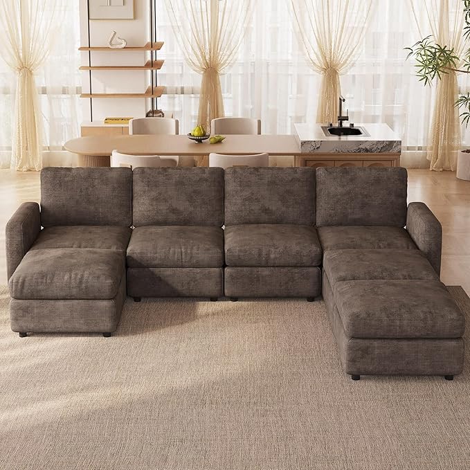 Modular Sectional Sofa Couch with Ottoman Storage, 7-Seater Convertible Sleeper Sofas for Living Room Bedroom Apartment, Comfy Brown Cloud Couches Furniture Set