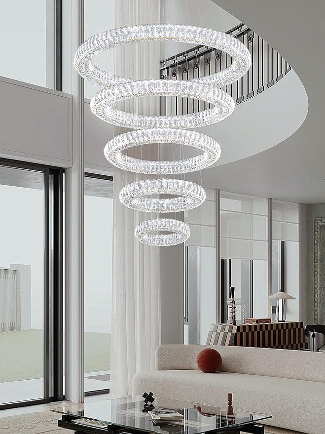 Gold 5 Ring Chandelier Modern Crystal Chandelier Lighting for Staircase, LED Foyer Ceiling Lights Fixtures High Ceiling Chandeliers, D8''+15.7"+23.6"+31.5"+39.4"
