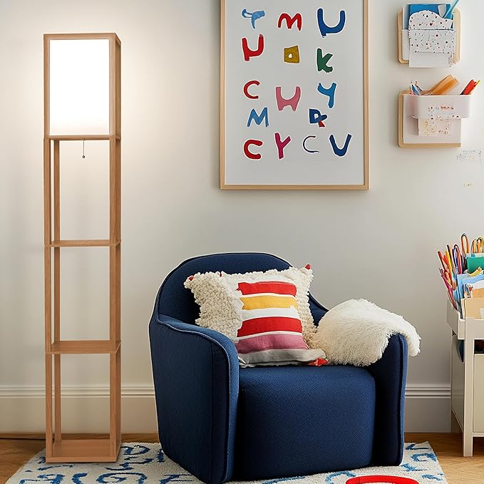 Brightech Maxwell - Modern Shelf Floor Lamp with Lamp Shade and LED Bulb - Corner Display Floor Lamps with Shelves for Living Room, Bedroom and Office - Natural Wood