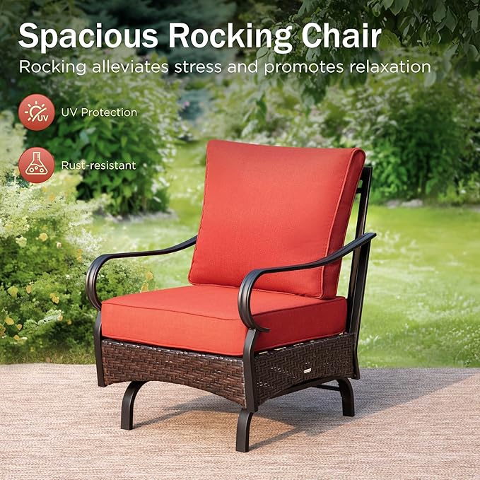 PHI VILLA Outdoor Modern Patio Furniture Set, Upgraded Wicker&Metal Patio Furniture Conversation Set with Waterproof Thick Cushions for Porch, Poolside, Deck, and Yard (5 Pieces,Red)