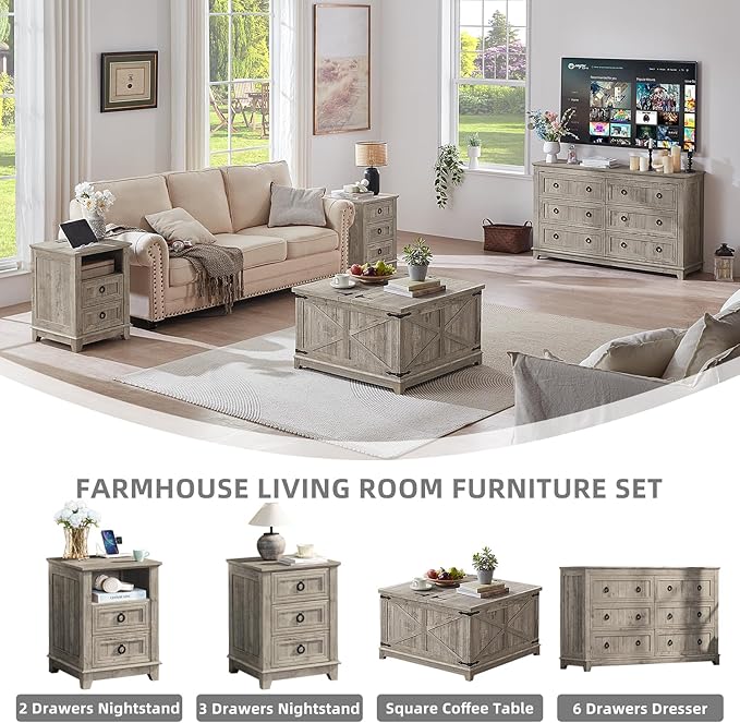 Farmhouse Coffee Table with Hidden Storage Organizer, Modern Square Large Center Table, Wood Farm House Low Rustic Light Oak Living Room Tables with Hinged Lift Top for Home, Office