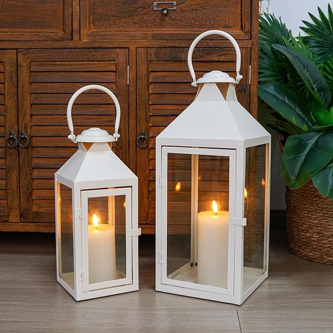 JHY DESIGN Set of 2 Cream Decorative Lanterns 17.5inch&13.5inch Metal Candle Lanterns for Indoor Outdoor Events Paritie and Weddings Vintage Style Hanging Lantern