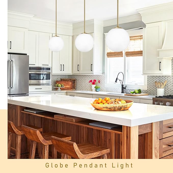 10 Inch Globe Pendant Light Gold Mid Century Pendant Light Contemporary Globe Pendant Lights Adjustable Hanging Light Fixture Milk Glass with Brass Finish for Dining Room Kitchen Island
