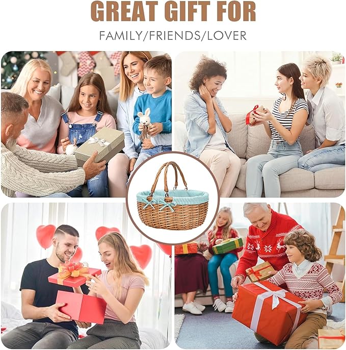 G GOOD GAIN Oval Picnic Basket with Folding Handles, Willow Hand Woven Shopping Basket, Bath Toy Kids Toy Storage Gift Packing Basket, Wicker Empty Easter Eggs and Candy Small Gift Basket.Green