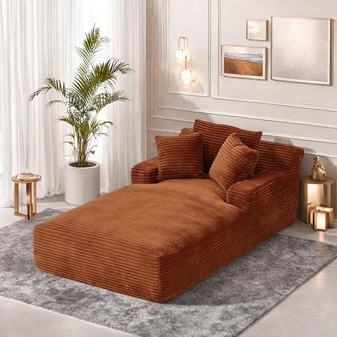 78.7” Chaise Lounge Chair Indoor, Corduroy Upholstered Boneless Sofa Bed with Throw Pillows, Comfy Lounge Sleeper Sofa with Deap Seat for Living Room Bedroom, No Assembly Required, Orange