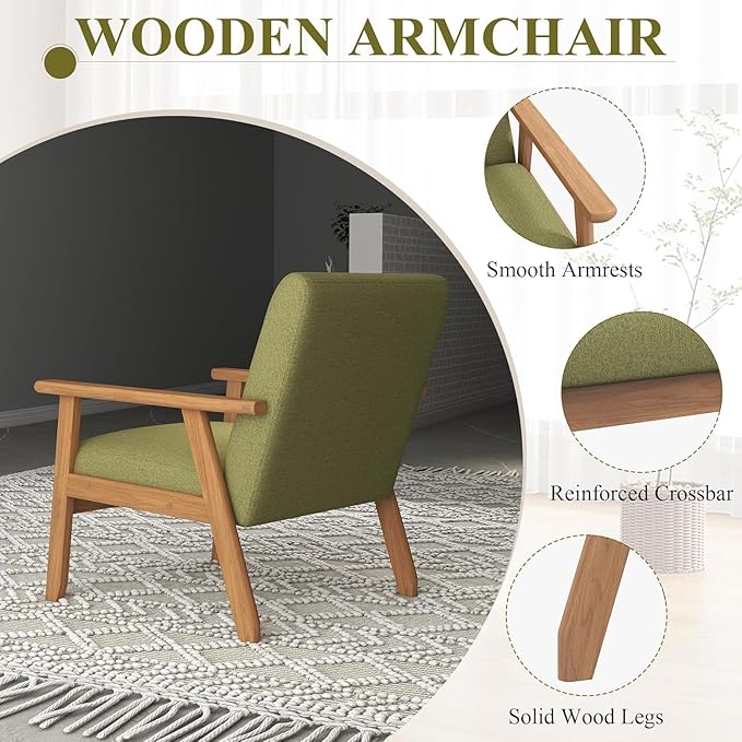 Westice Accent Chairs Set of 2, Mid-Century Living Room Chairs with Solid Wood Frame & Soft Thicken Cushion, Upholstered Arm Reading Chair for Bedroom, Balcony, Green Linen Fabric & Natural Legs