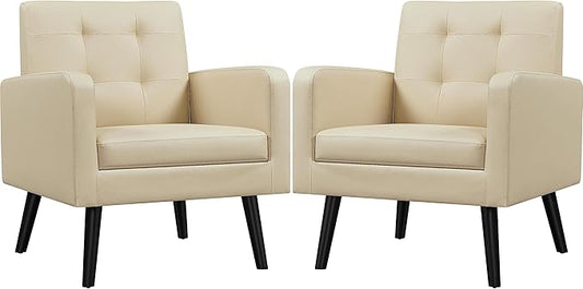 Yaheetech Mid-Century Accent Chairs, PU Leather Modern Upholstered Living Room Chair, Cozy Armchair Button Tufted Back and Wood Legs for Bedroom/Office/Cafe Beige 2PCS