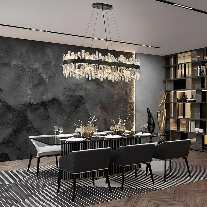 Rectangle Crystal Chandeliers, L35.4 inch 16-Light Black Chandelier Lighting Fixture, Height Adjustable Rectangular Oval Light for Dining Room Kitchen Island