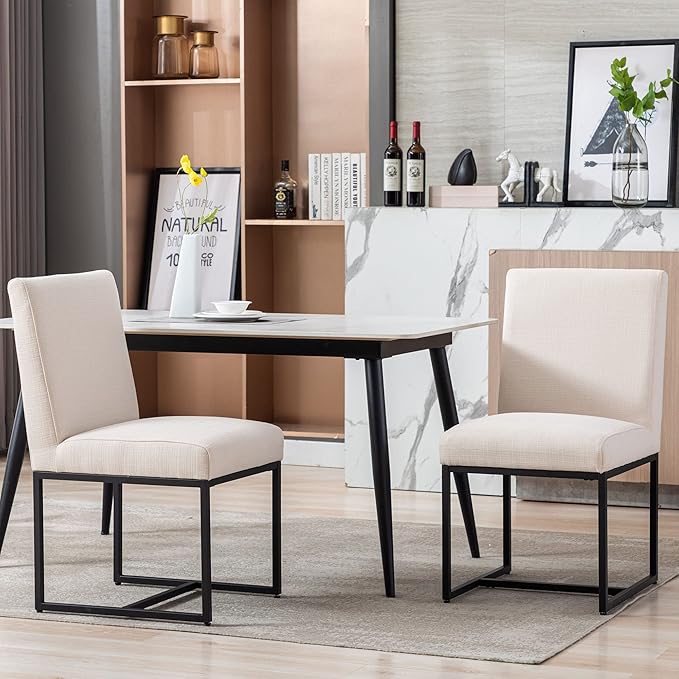 VESCASA Linen Upholstered Dining Chairs Set of 2, Mid Century Modern Padded Chair with Black Metal Frame for Restaurant, Dining Room, Kitchen, Cream