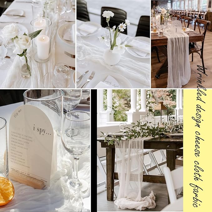8 Pack White Cheesecloth Table Runner 35x120 Inches Boho Gauze Rustic Valentine's Day Cheese Cloth Runners 10ft Long Romantic Sheer Table Runner for Wedding Bridal Shower Party Table Decor