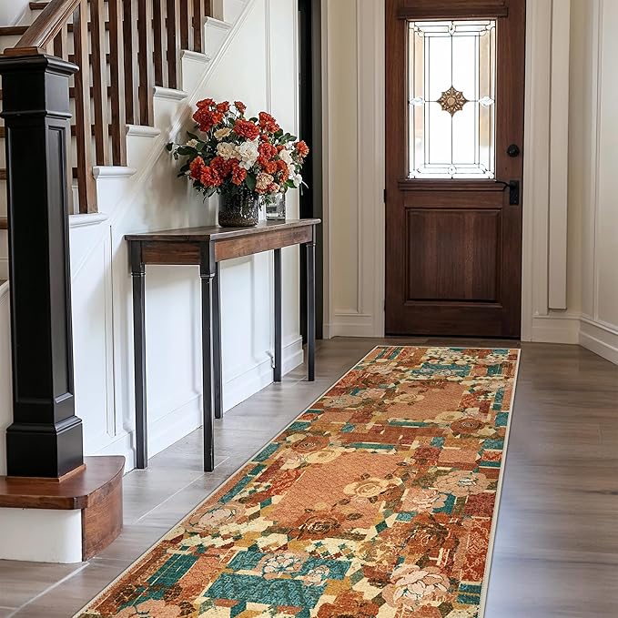 GENIMO Floral Runner Rug 2X6, Machine Washable Non Slip Vintage Patchwork Hallway Runner, Ultra-Thin Low Pile Runners for Indoor Entryway, Hallway, Kitchen and Corridor,Rose Red