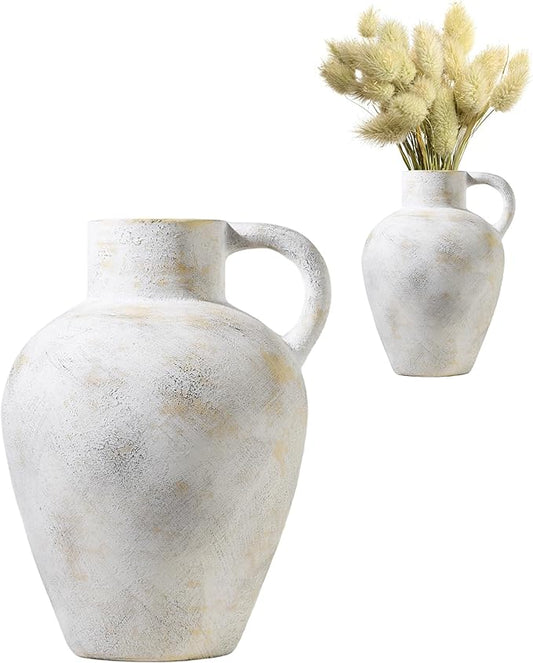 UPWOIGH 12x9.5 in Tall Vintage Handle Ceramic Vase, Antique White Pottery Vase Living Room Table Decor, Beige Speckles Distressed Black Markings Rustic Farmhouse Bedroom Decor, Ideal Gift 1Pack
