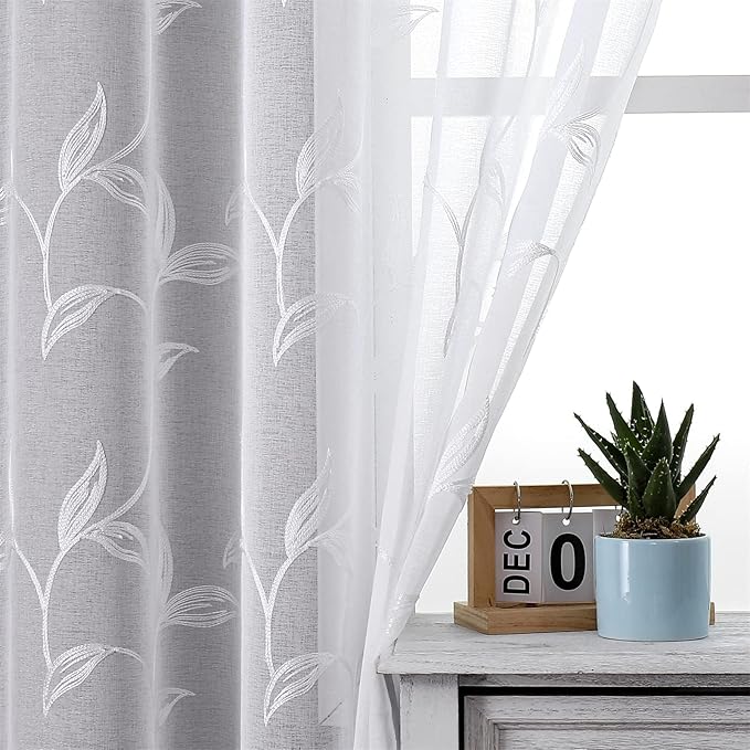 VISIONTEX Sheer Curtains 120 inch Length 2 Panels Set, White Voile Crushed Vine Leaves Embroidery, Rod Pocket Embroidered Window Drapes for Living Room and Bedroom, 54" x 120"