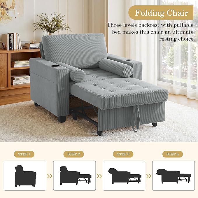 UIXE 3-in-1 Sleeper Chair Pull Out Sofa Bed, Convertible Reclining Seat Upholstered Armchair, Adjustable Backrest Recliner Chair with Side Pockets, Cup Holder & USB Ports - Gray