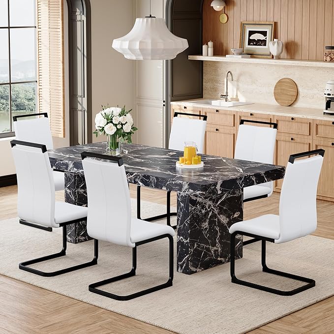 79" Modern Dining Table Set｜Marble Dining Table Set with 6 Faux Leather Chairs｜Engineered Wood with Marble Pattern Tabletop｜Widened and Stable Tablelegs｜Easy Assembly
