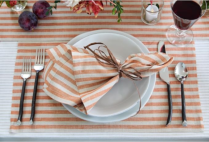 Solino Home Linen Placemats Set of 4 - Amalfi Stripe Pumpkin and Natural Placemats 14 x 19 Inch - 100% Pure Linen Place Mats for Fall, Autumn, Halloween, Thanksgiving