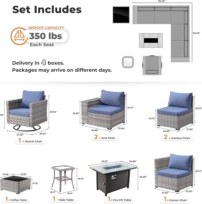 ovios 9 Pieces Patio Furniture Set, Outdoor Wicker Sectional Sofa with 42" Firepit Table Swivel Chair, Modern Modular Deep Seat Rattan Couch Conversation Sets, Denim Blue