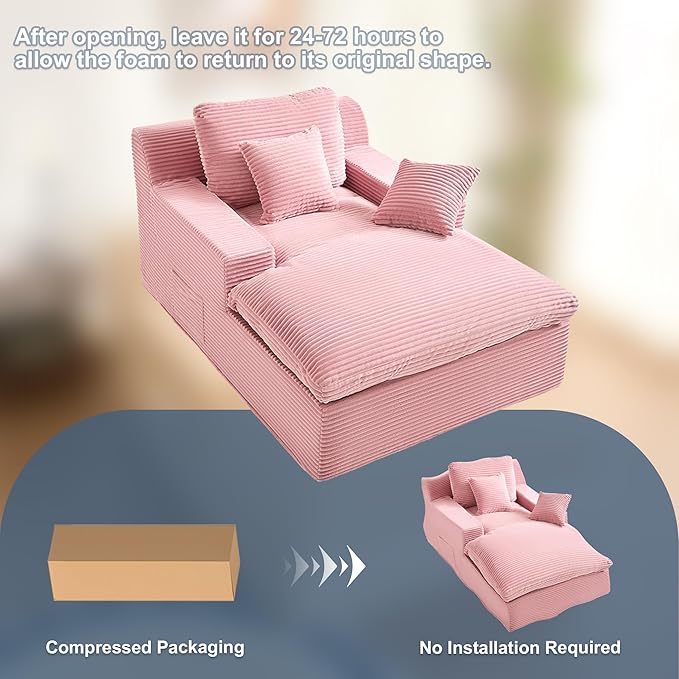63" Oversized Chaise Lounge Chair Indoor, Extra Cloud Layer, Convertible Sleeper Sofa Couch with Removable Pillows & Side Pockets, Corduroy Upholstered Sofa Bed with Armrests for Living Room, Pink