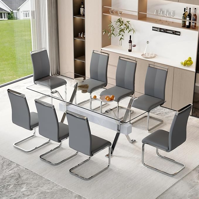 9 Piece Glass Dining Table Set, 79" Modern Dining Table Set for 8, 0.5" Thick Tempered Glass Tabletop with Silver Chrome Metal Legs and Grey Crossbar, 8 PU Chairs for Dining Room, Kitchen