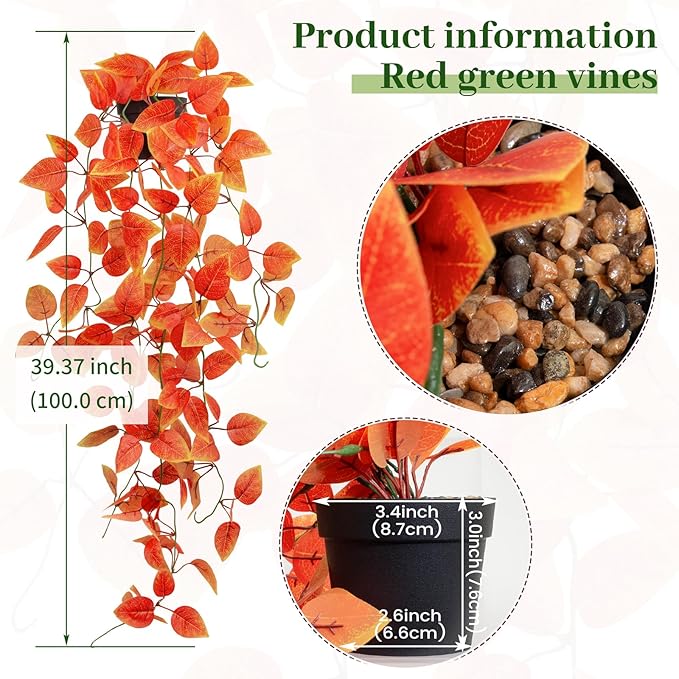 3 Pack Artificial Fall Plants Hanging Orange Vines Potted Fall Foliage Fake Pothos Trailing Plant Autumn Decoration for Indoor Outdoor Thanksgiving Bathroom Wall Kitchen Room Shelf Decor (Black Pot)