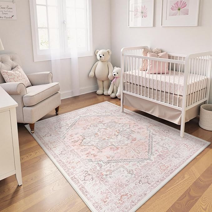 LIVEBOX Area Rug Pink 4x6 - Oriental Floral Bedroom Rug Vintage Low-Pile Indoor Rugs for Kids Room, Non-Shedding Retro Carpet, Accent Rugs for Kitchen Entryway Office Camper Pink