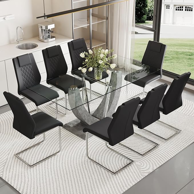 Glass Dining Table Set for 8, 9 PCS Kitchen Table Set with 8 Chairs,71" Tempered Glass Tabletop with Upholstered Chairs, Suitable for Dining Room and Kitchen