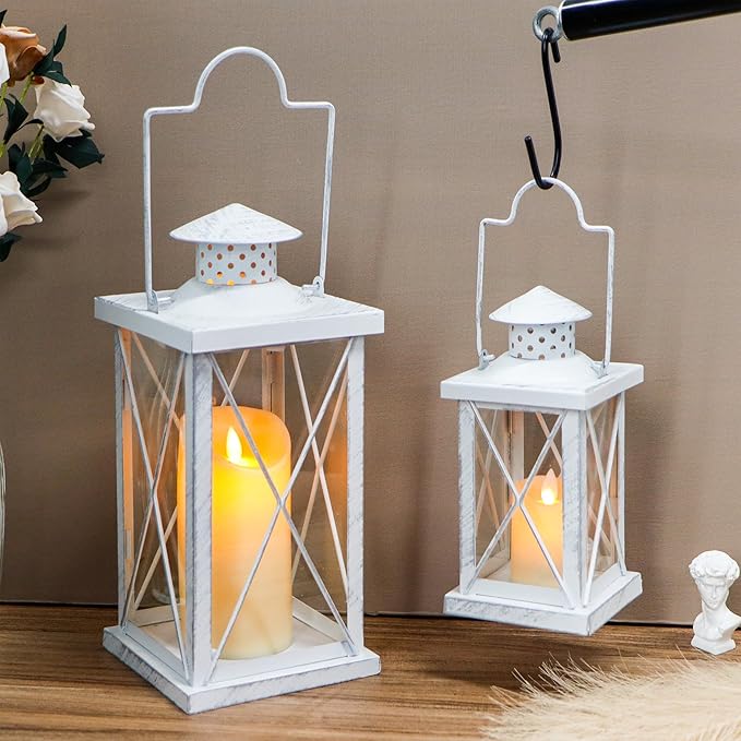 TRIROCKS 16'' & 11" H Decorative Candle Lanterns Set of 2 Hanging Lantern Vintage Metal Candle Holder with Tempered Glass for Indoor Outdoor Home Decor Parties Garden Wedding(White with Silver Brush)
