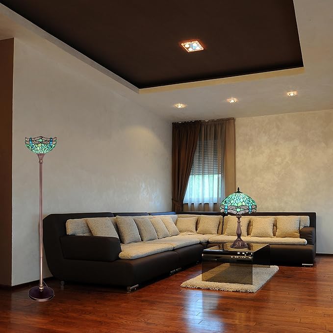 Tiffany Floor Lamp Torchiere Stained Glass Torch Lamp 12X12X67 Inch Antique Standing Corner Light (Green Dragonfly)