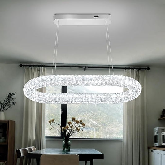 Oval Crystal Chandelier, 31.5'' Chrome Crystal Ring Pendant Light for Kitchen Island Modern Linear Oval Chandeliers for Dining Room Dimmable 3000K-6000K