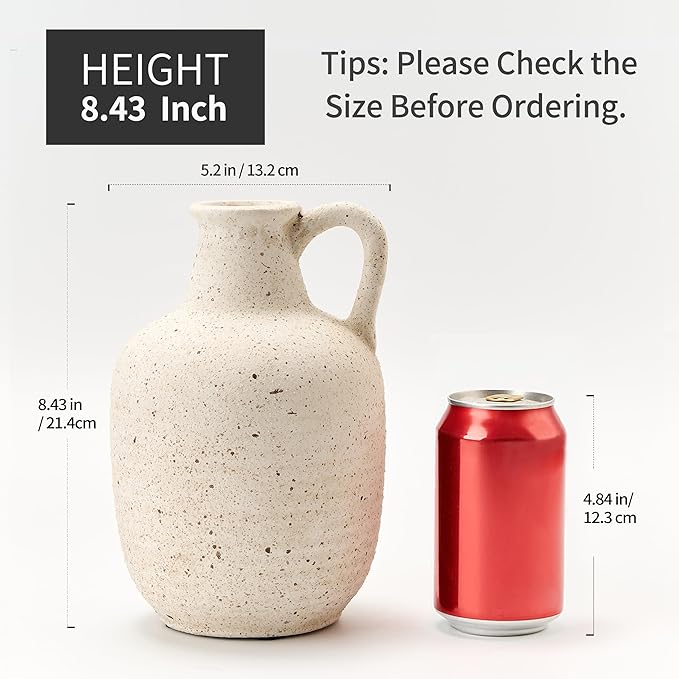 SIDUCAL Rustic Ceramic Farmhouse Flower Vase with 1 Handle-Height 8.43" Terracotta Vase, Unique Textured Pottery Flower Vases for Home Decor, Table, Wedding, Living Room, Shelf Decor, Speckled White